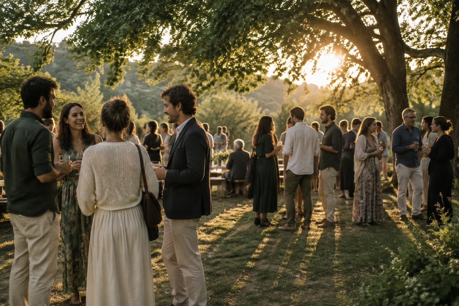 A wide view of a community gathering outdoors under trees in warm evening light